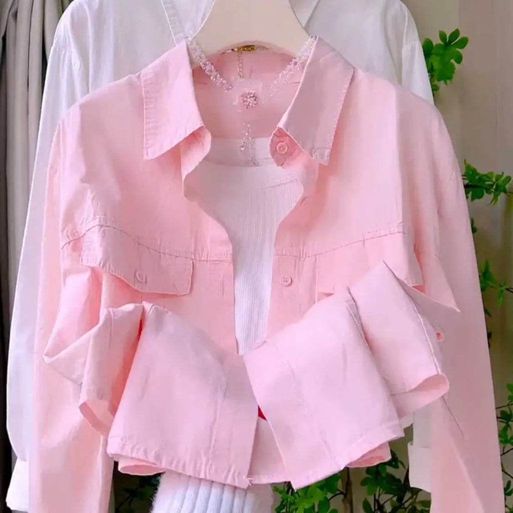 Sweet Pink Long Sleeve Pure Cotton Shirt Women's Casual Short Style  Collar Cardigan Coat Korean Loose Fit Button Detail