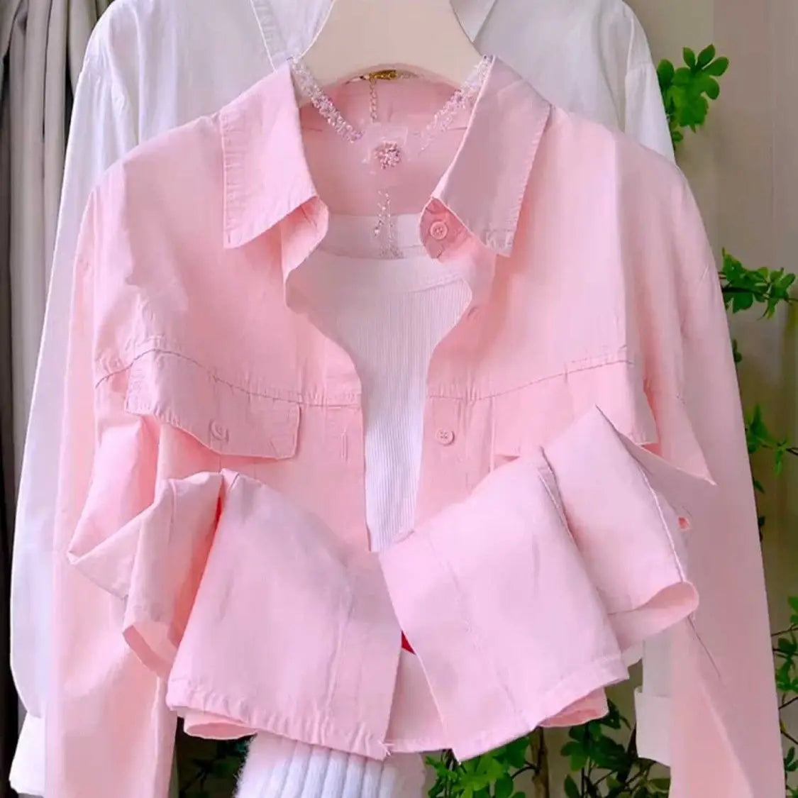 Sweet Pink Long Sleeve Pure Cotton Shirt Women's Casual Short Style  Collar Cardigan Coat Korean Loose Fit Button Detail