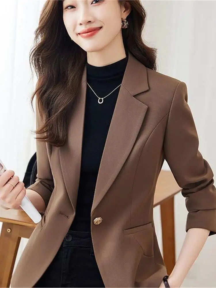 Café Brown Women's Suit Jacket Casual Fashionable Versatile Lightweight Spring Autumn Waist-Cinching Short Length Casual Top