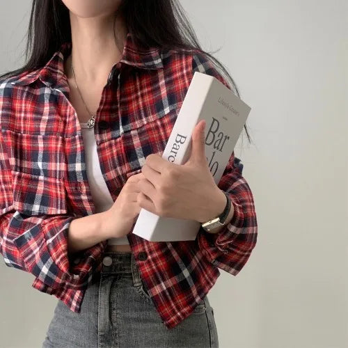 Plaid Long Sleeve Shirt Women's Short Style Inner Wear Top Unique Beautiful Lady Spring 2026 New Arrival Straight Cut Shirt