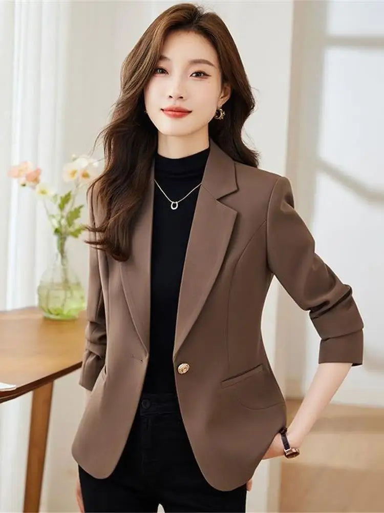 Café Brown Women's Suit Jacket Casual Fashionable Versatile Lightweight Spring Autumn Waist-Cinching Short Length Casual Top