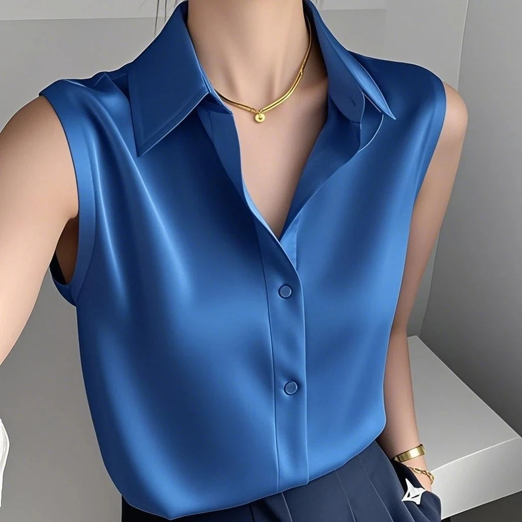 Summer New Style Korean Version Sleeveless  Collar Shirt Women's Casual Silk Leisure Personality High-End Feeling Top