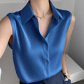 Summer New Style Korean Version Sleeveless  Collar Shirt Women's Casual Silk Leisure Personality High-End Feeling Top