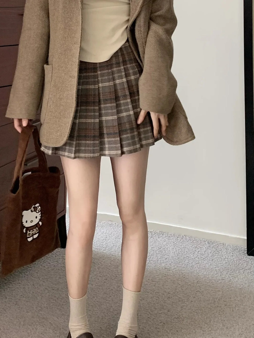 High Waist Plaid A-Line  Skirt Women's Commuter Style Autumn Winter Fashion College Trendy Skirts Polyester Fabric