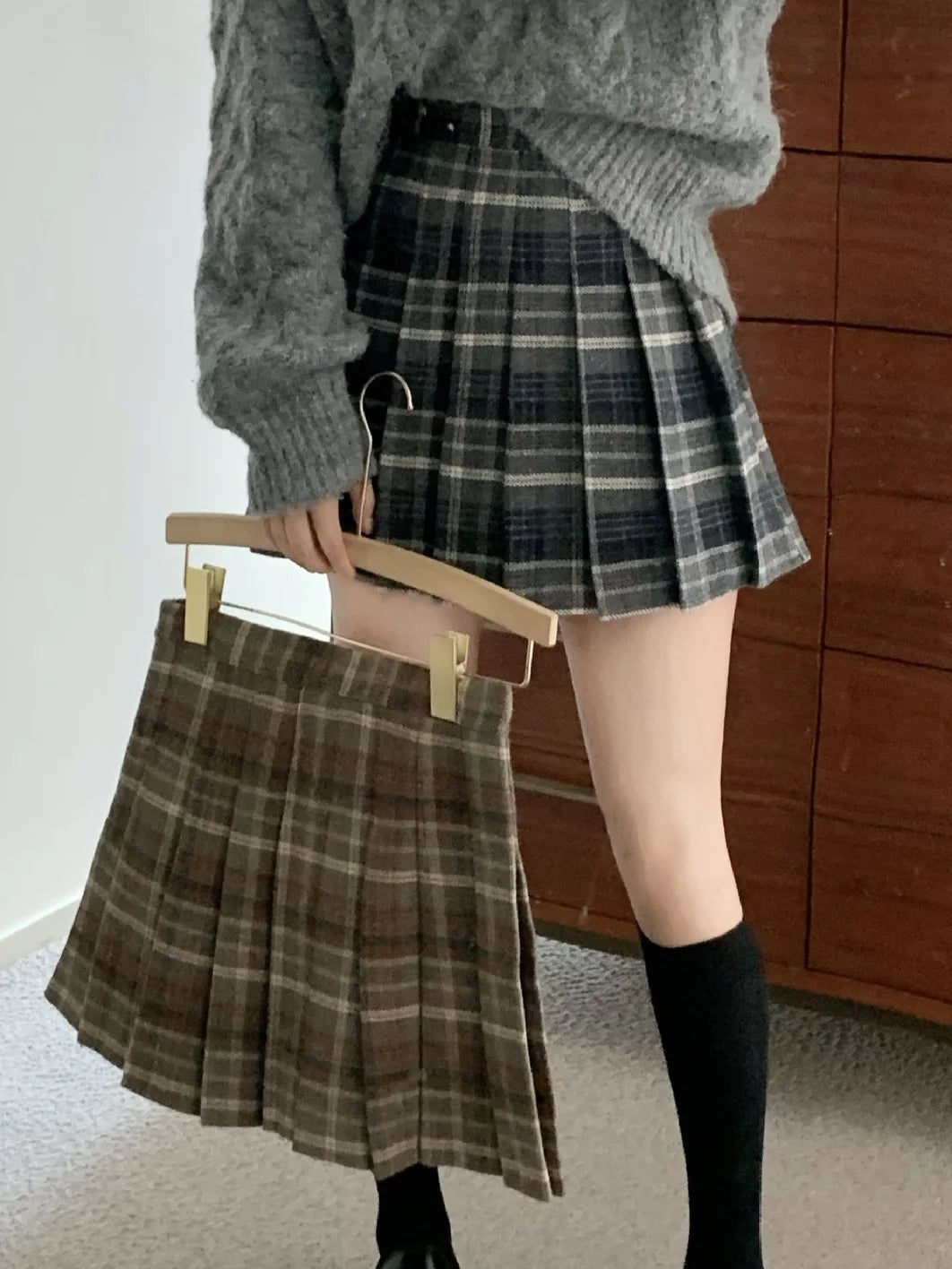 High Waist Plaid A-Line  Skirt Women's Commuter Style Autumn Winter Fashion College Trendy Skirts Polyester Fabric