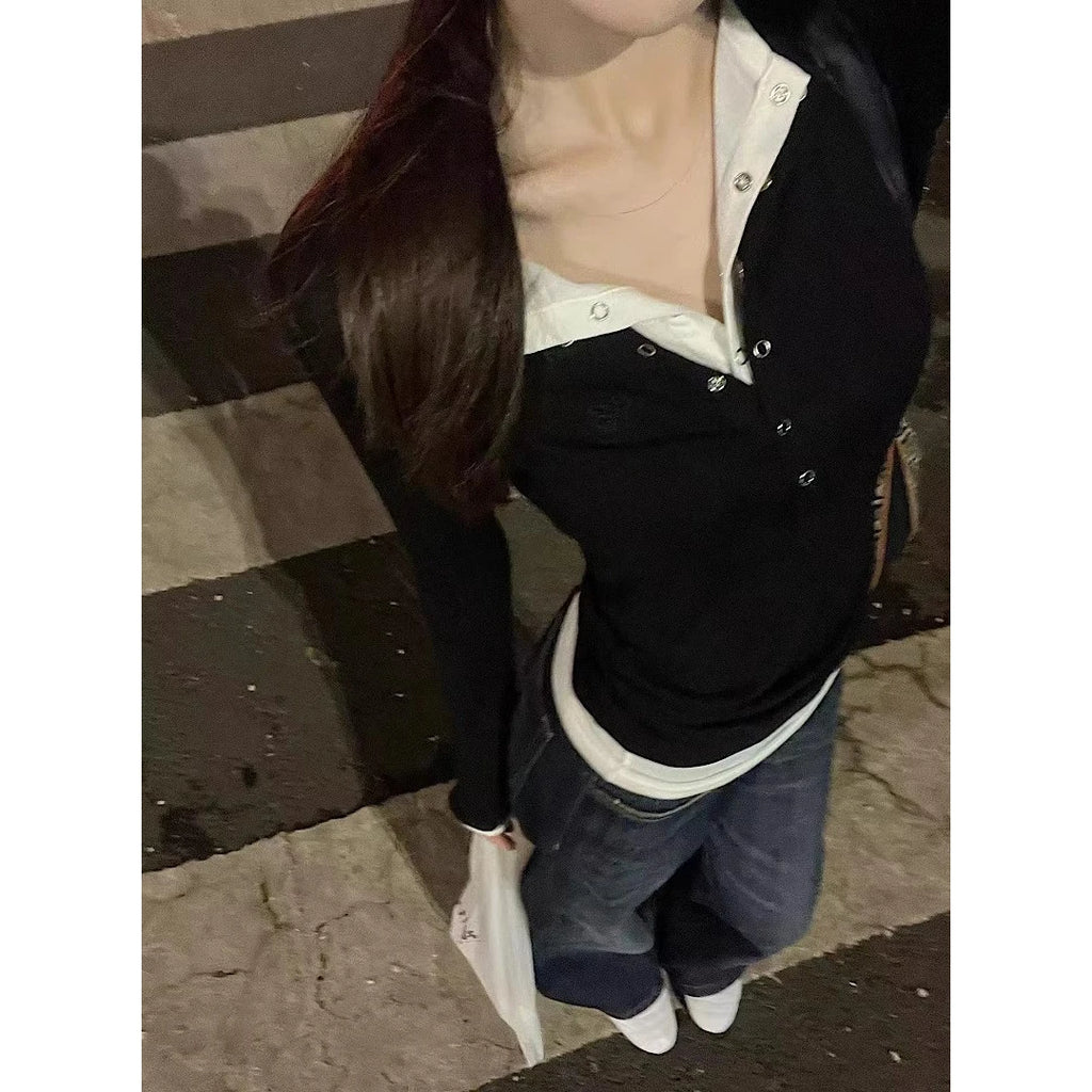 Black Long Sleeve Base Layer Shirt Women's Spring Autumn Slimming Design Unique Top Faux Two-Piece T-Shirt Cotton Polyester