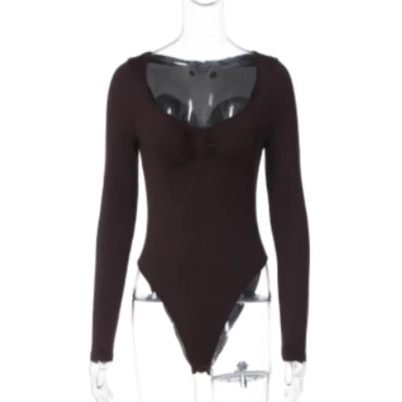 Sexy Tight One-Piece Long Sleeve T-Shirt Base Layer Shirt Coffee Color Autumn Winter High Waist Short Pants Polyester Fiber