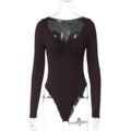 Sexy Tight One-Piece Long Sleeve T-Shirt Base Layer Shirt Coffee Color Autumn Winter High Waist Short Pants Polyester Fiber