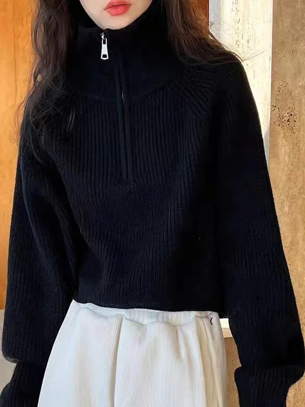 Red Knitted Sweater Women's Short Thickened Half High Collar Zipper Pure Color Loose Fit Autumn New Style High Waist Sweater