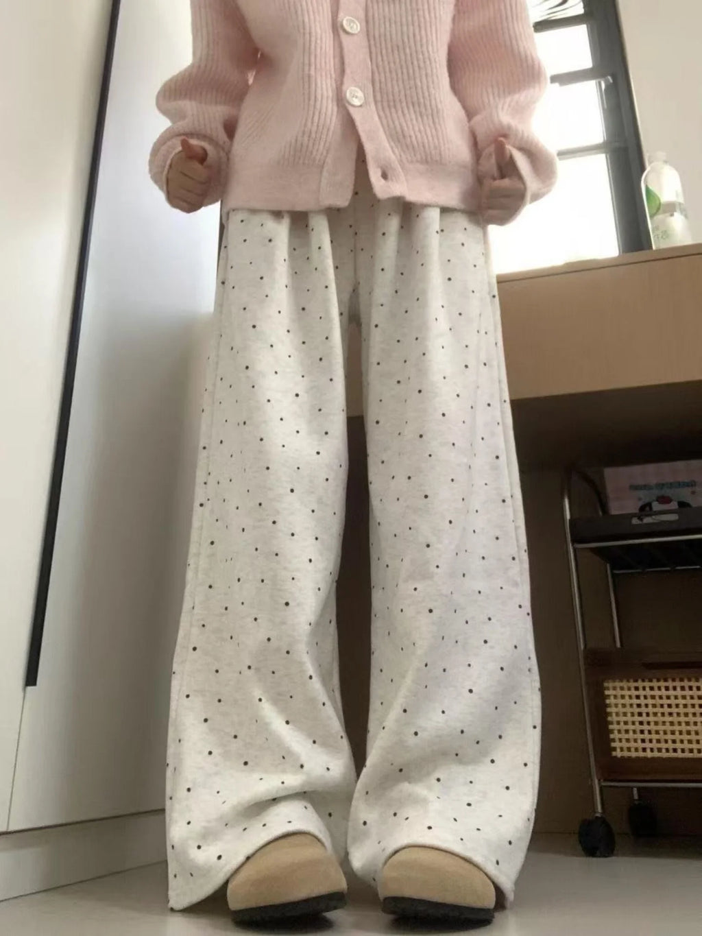 Polka Dot Wide Leg Pants Women's High Waist Straight Cut Casual Long Trousers Korean Style Versatile Fashion Slimming Loose Fit