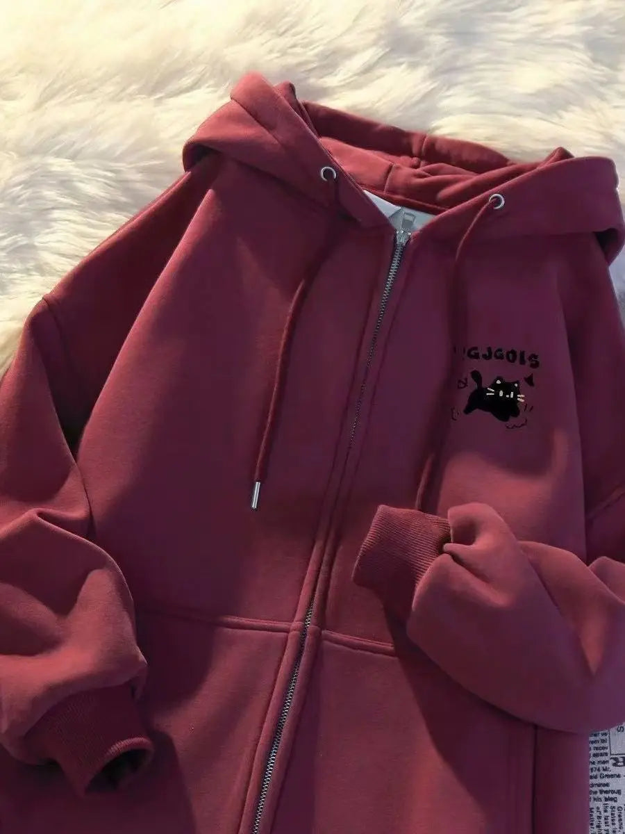 2026 New Korean Style Hoodie Sweatshirt Autumn Winter Fleece Casual Versatile American Loose Outerwear Trendy Zipper Closure