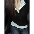 Black Long Sleeve Base Layer Shirt Women's Spring Autumn Slimming Design Unique Top Faux Two-Piece T-Shirt Cotton Polyester