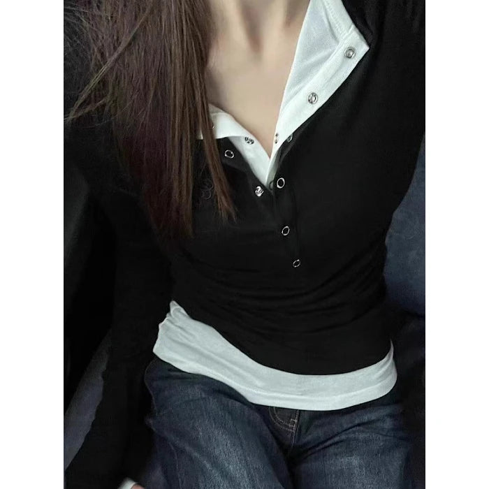 Black Long Sleeve Base Layer Shirt Women's Spring Autumn Slimming Design Unique Top Faux Two-Piece T-Shirt Cotton Polyester