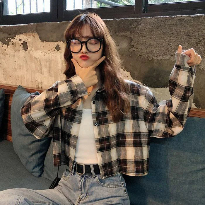Women's Plaid irt Loose Fit ort Sve Long Sve Autumn Spring Faion Korean Sle Student Casual Outerwear Coat