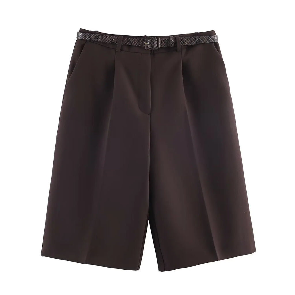 Fashionable Casual High Waist Long Short Pants Women's Spring Summer New Arrival Belt Included Polyester Fiber Straight Leg