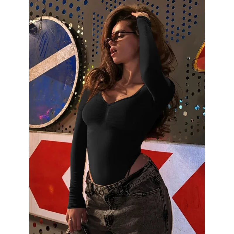 Sexy Tight One-Piece Long Sleeve T-Shirt Base Layer Shirt Coffee Color Autumn Winter High Waist Short Pants Polyester Fiber