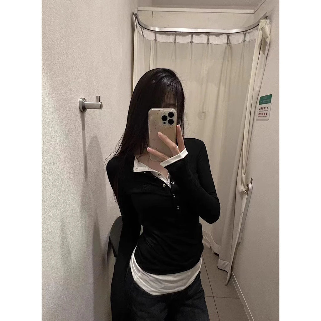 Black Long Sleeve Base Layer Shirt Women's Spring Autumn Slimming Design Unique Top Faux Two-Piece T-Shirt Cotton Polyester