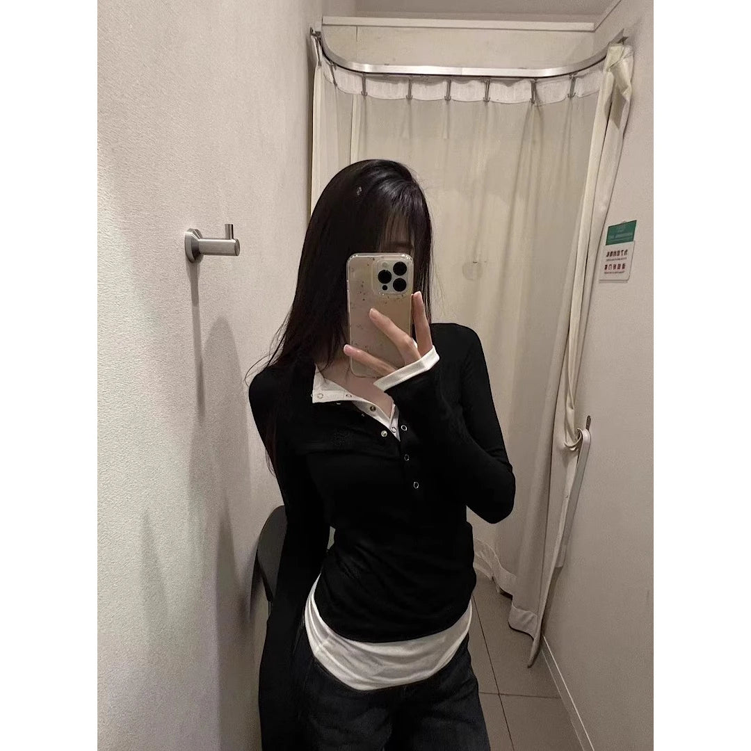 Black Long Sleeve Base Layer Shirt Women's Spring Autumn Slimming Design Unique Top Faux Two-Piece T-Shirt Cotton Polyester