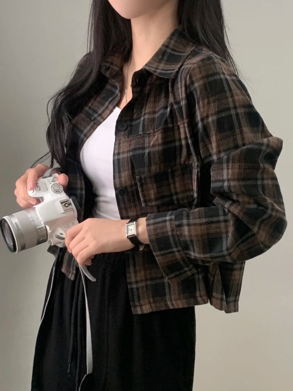 Plaid Long Sleeve Shirt Women's Short Style Inner Wear Top Unique Beautiful Lady Spring 2026 New Arrival Straight Cut Shirt