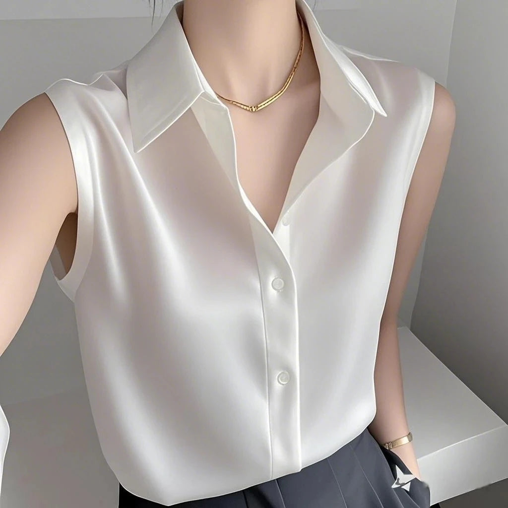 Summer New Style Korean Version Sleeveless  Collar Shirt Women's Casual Silk Leisure Personality High-End Feeling Top