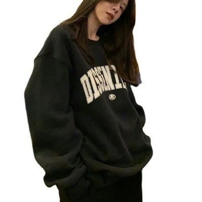 Women's Loose Fit Thin American Style Hoodie Spring Autumn Trendy Hiphop High Street Casual Long Sleeve round Neck Print Top