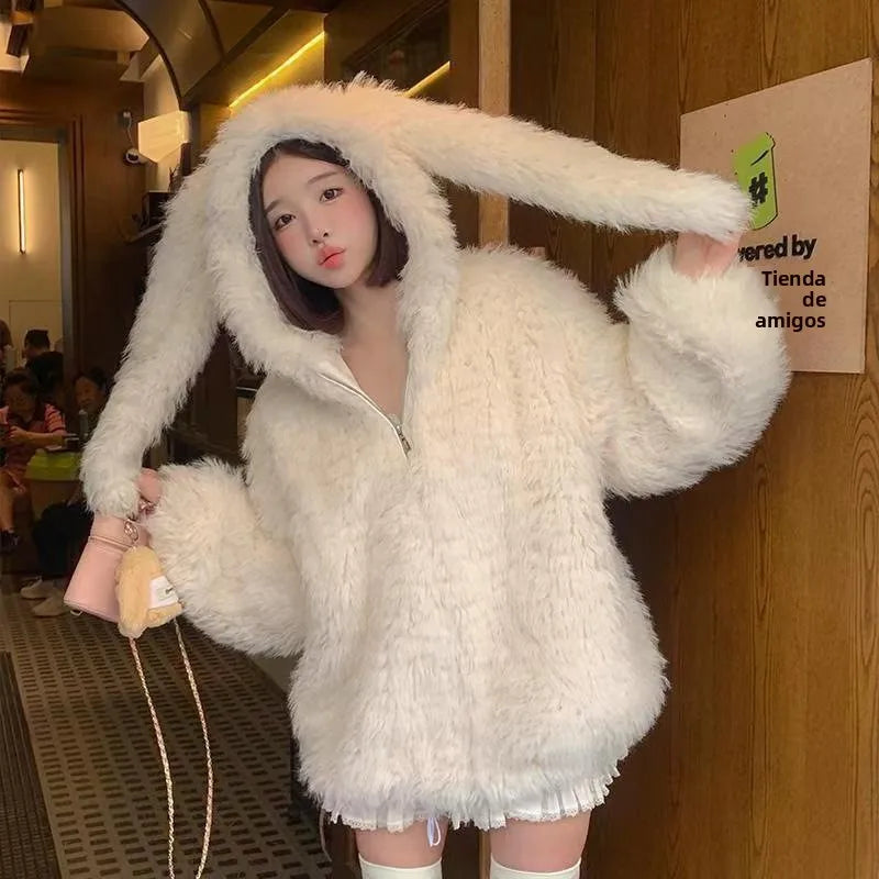 Cute Rabbit Ear Plu Jaet Women's Autumn Winter New Sle Sweet Loose Thiened Hoodie Outerwear Soft Cozy Comfortable