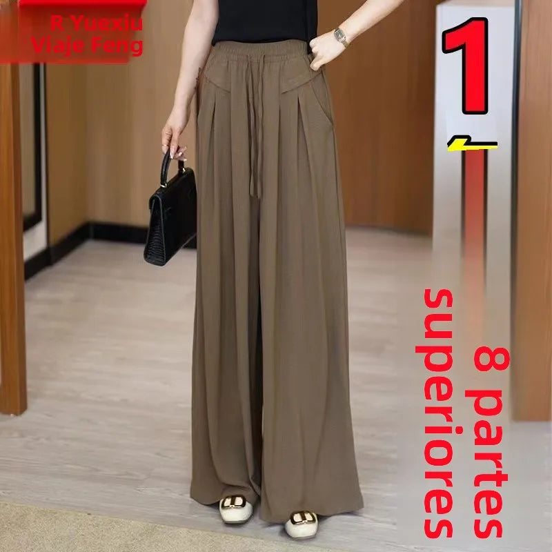 Ice Silk Wide Leg Pants Women's New Style Drapey Loose plus Size Cool Casual Trousers Mosquito Proof Sun Protection Mid-aged ...