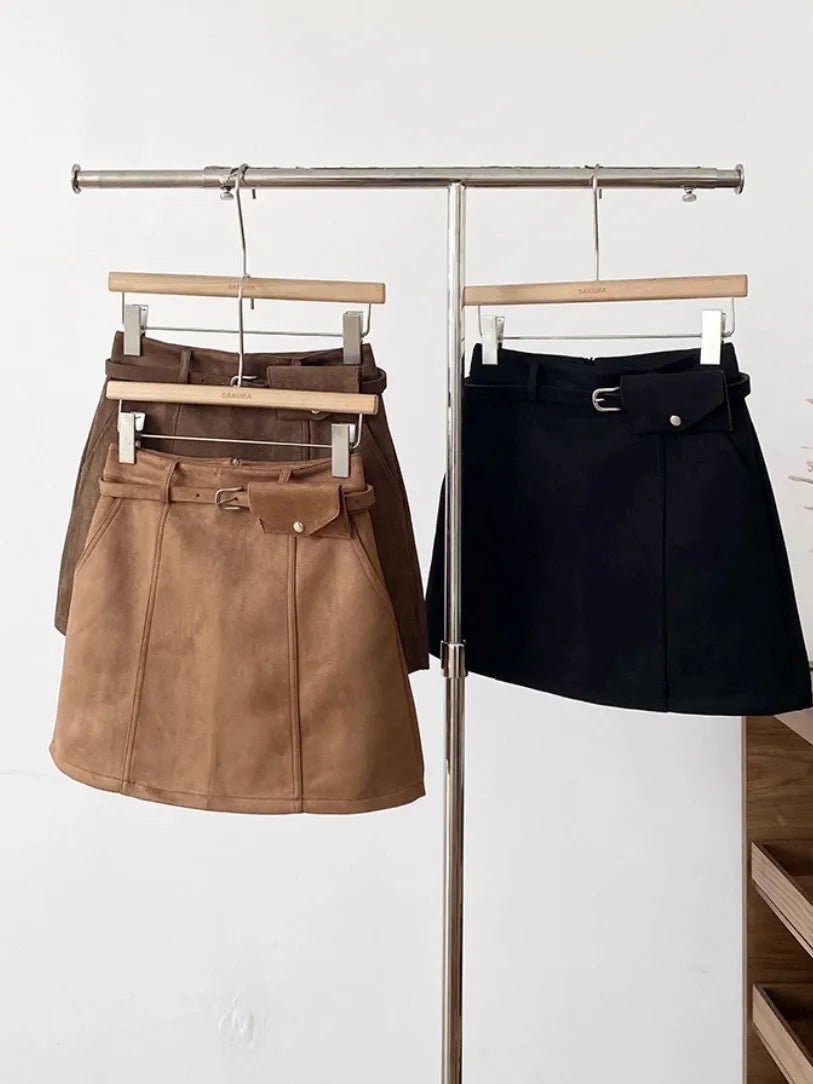 High Waist Brown Suede  Skirt Women's plus Size A-Line Skirt Bodycon Style Anti-Light Spring New Korean Version