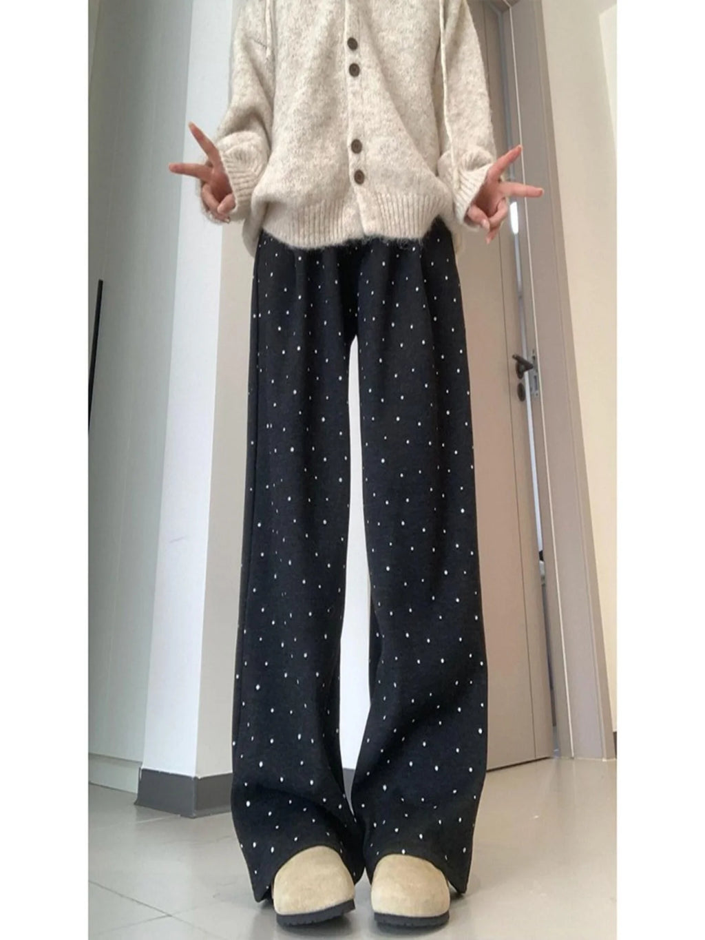 Polka Dot Wide Leg Pants Women's High Waist Straight Cut Casual Long Trousers Korean Style Versatile Fashion Slimming Loose Fit