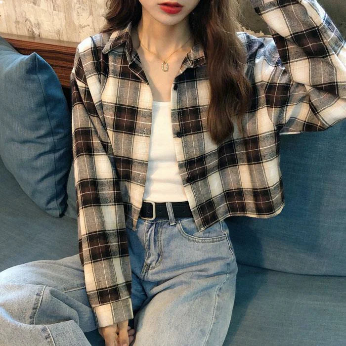 Women's Plaid irt Loose Fit ort Sve Long Sve Autumn Spring Faion Korean Sle Student Casual Outerwear Coat