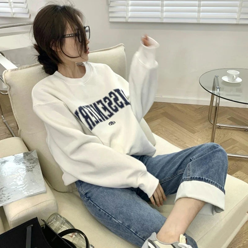 Women's Loose Fit Thin American Style Hoodie Spring Autumn Trendy Hiphop High Street Casual Long Sleeve round Neck Print Top