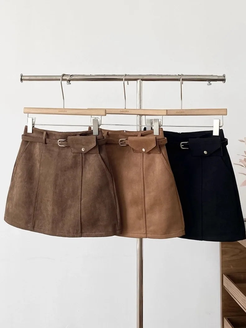 High Waist Brown Suede  Skirt Women's plus Size A-Line Skirt Bodycon Style Anti-Light Spring New Korean Version