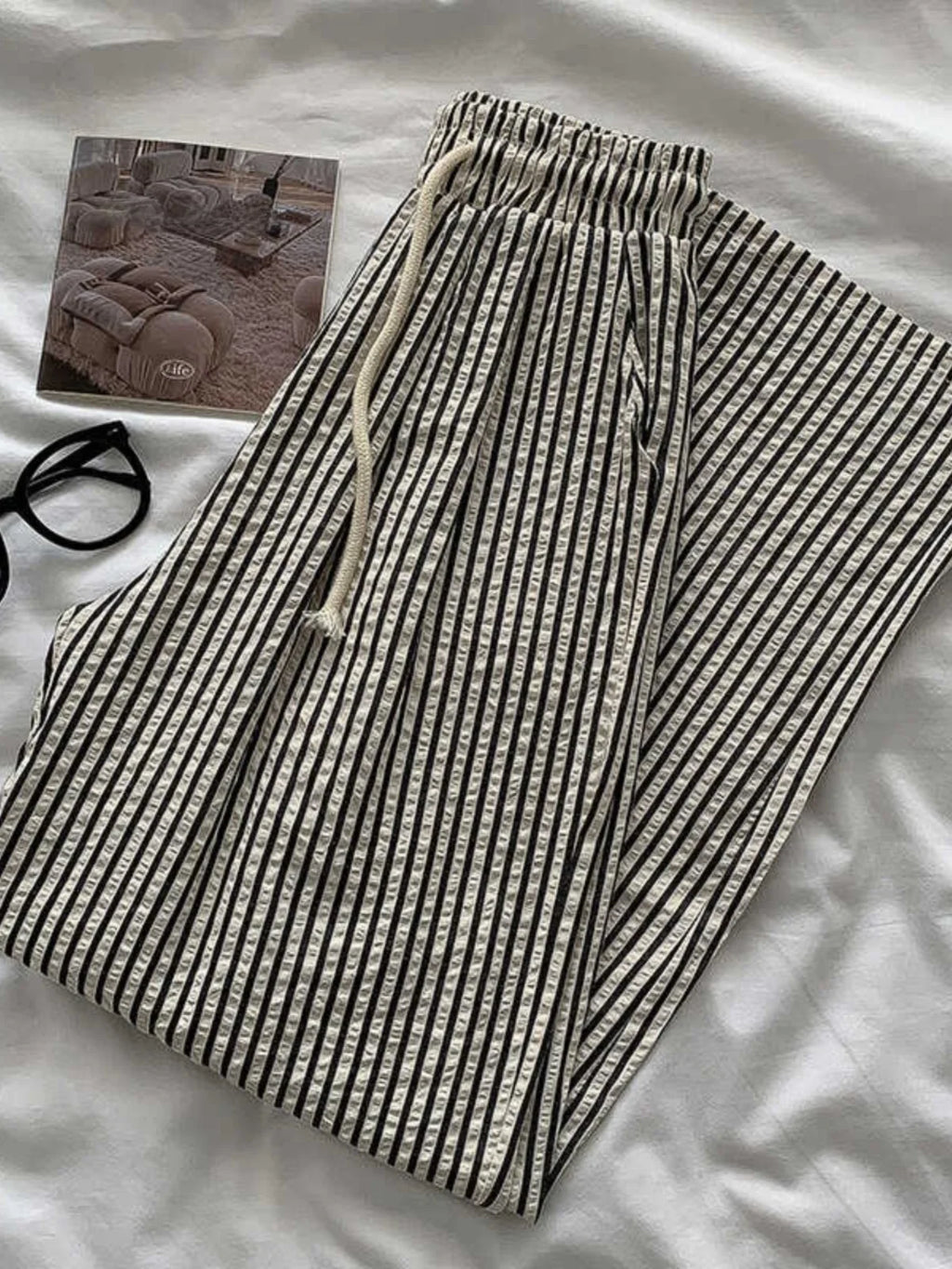 Korean Laid-ba Striped Drapey Casual Pants Women's High-waist Straight Thin Summer Elastic Waist Versatile Long Trousers