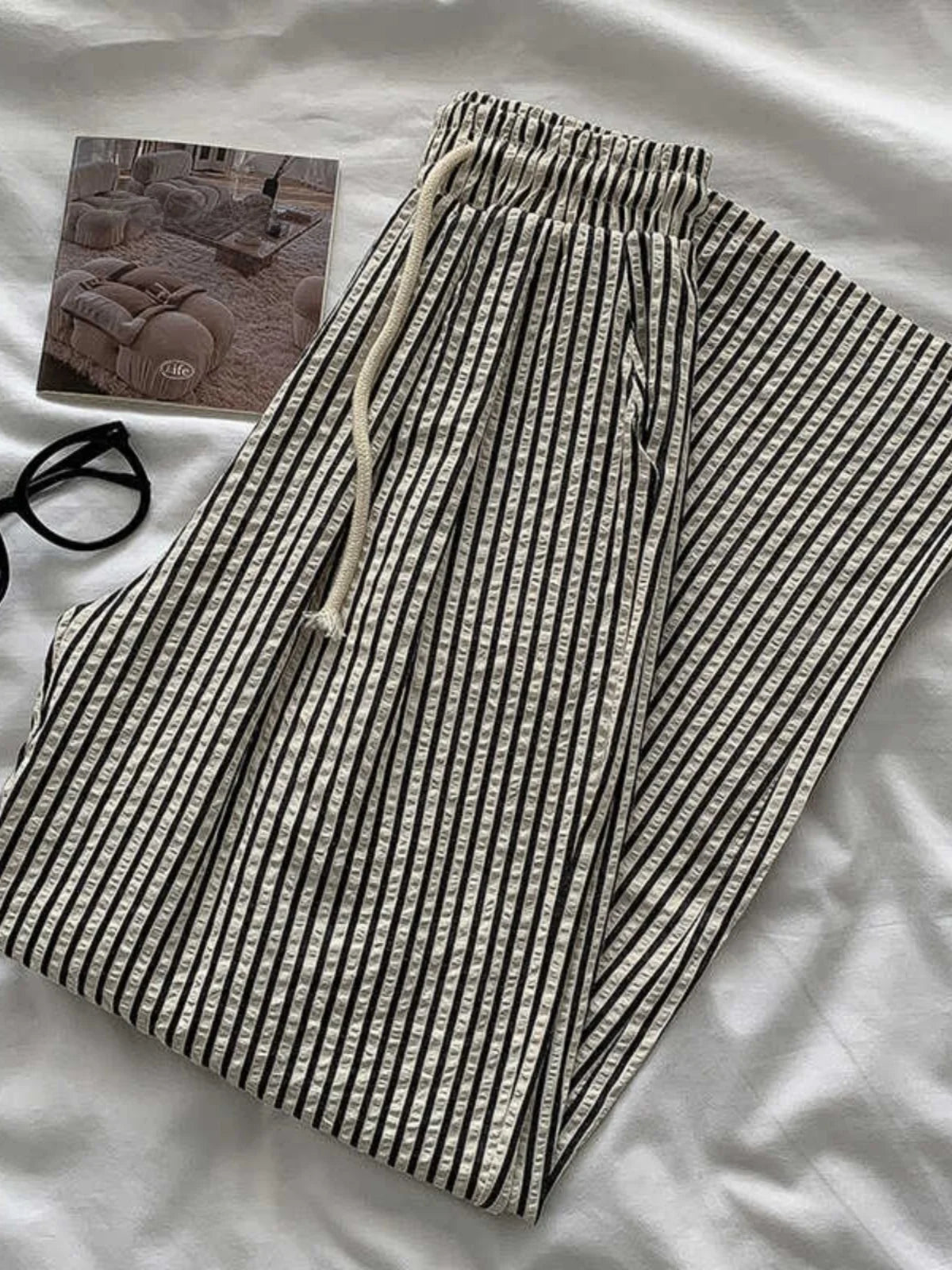 Korean Laid-ba Striped Drapey Casual Pants Women's High-waist Straight Thin Summer Elastic Waist Versatile Long Trousers