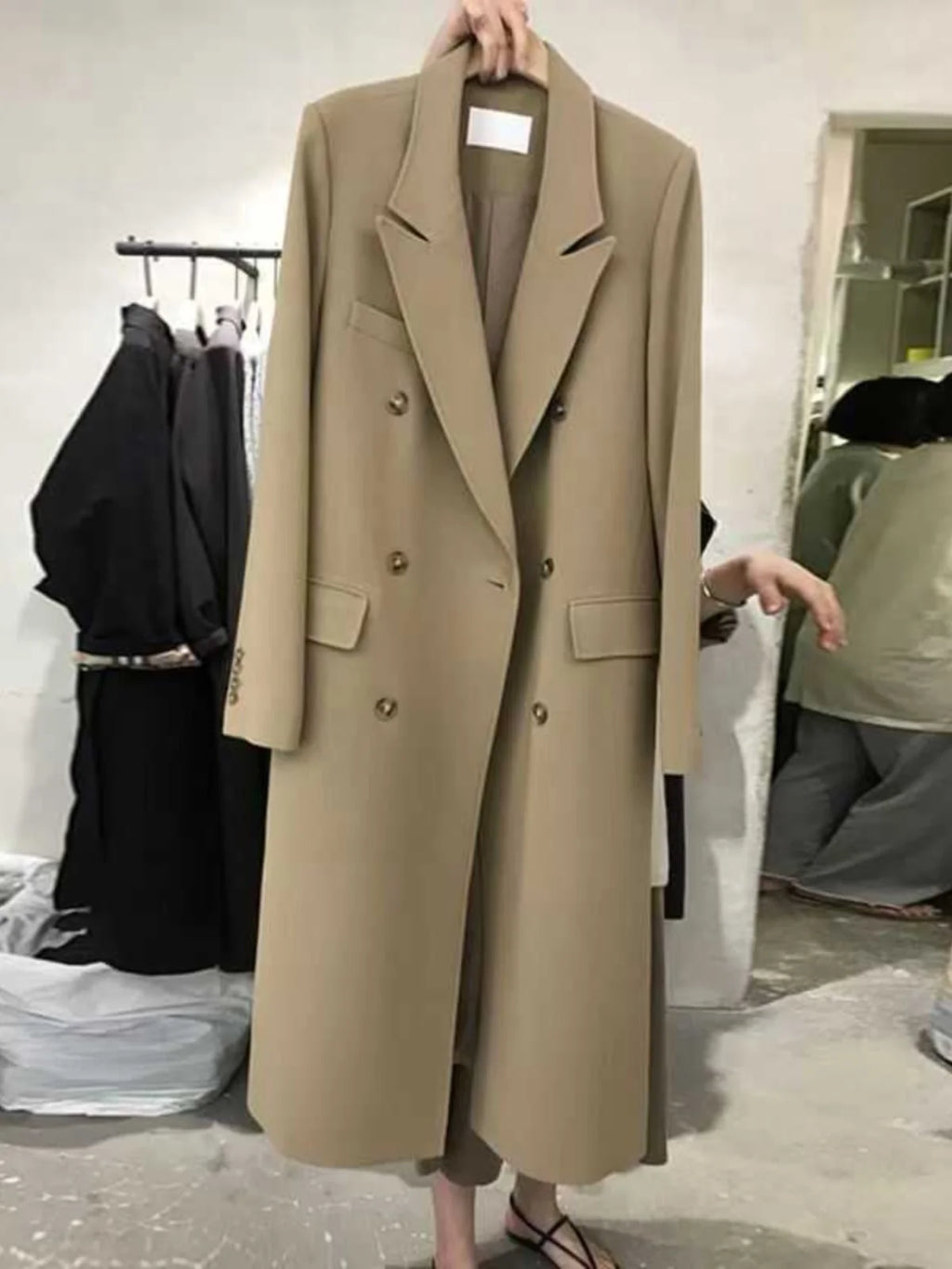 Black Oversized Women's Windbreaker Jacket 2024 Autumn Winter New Style Versatile Korean High-End Feel Medium-Length Suit Coat