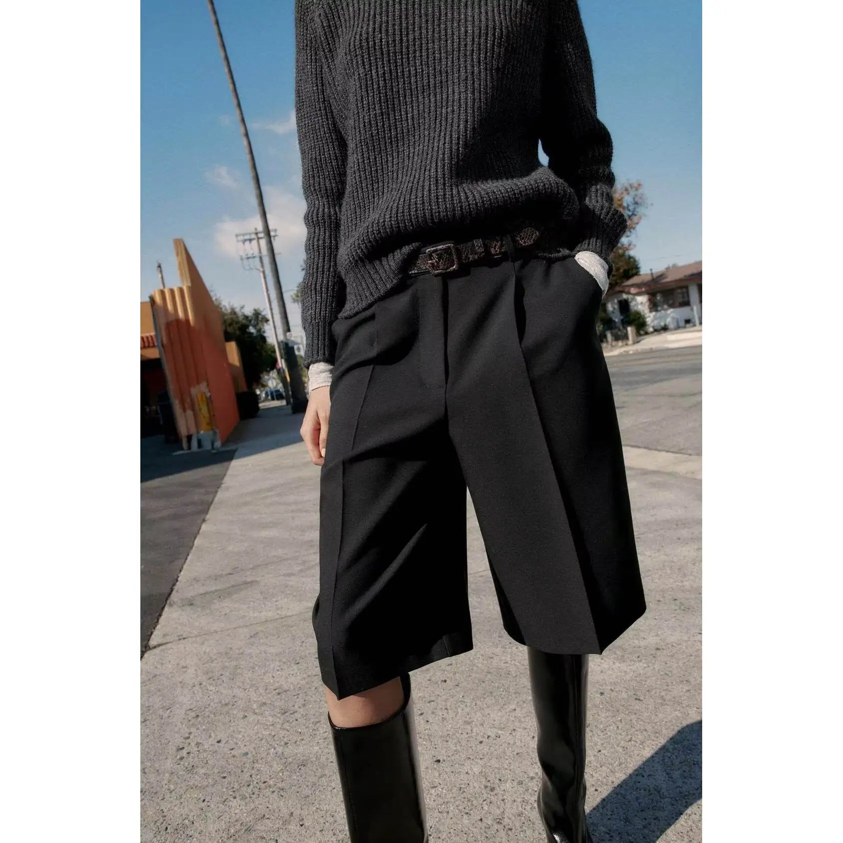 Fashionable Casual High Waist Long Short Pants Women's Spring Summer New Arrival Belt Included Polyester Fiber Straight Leg