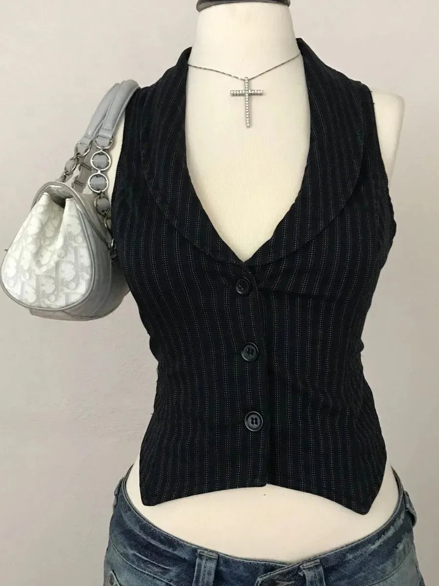 Vintage Stripe Short Sleeve Shirt Black Slim Fit Summer Top Women's Fashion Retro Style Vest Outerwear V-Neck Other Material
