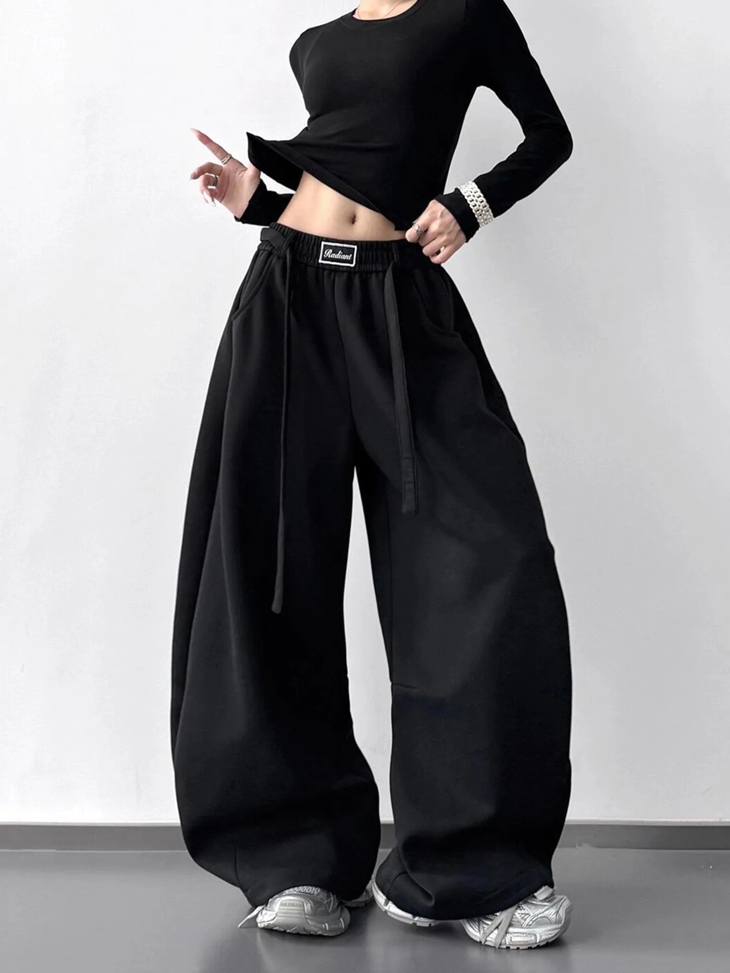 High Waist Casual Wide Leg Pants Women's Spring Autumn New Style Korean Style Drawstring Loose Straight Cut Sweatpants