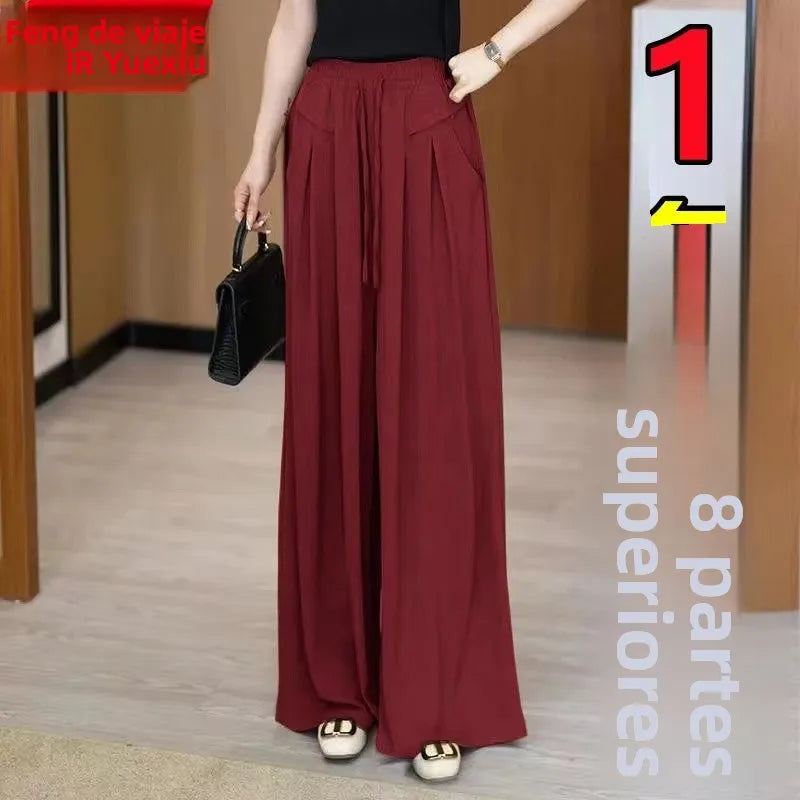 Ice Silk Wide Leg Pants Women's New Style Drapey Loose plus Size Cool Casual Trousers Mosquito Proof Sun Protection Mid-aged ...