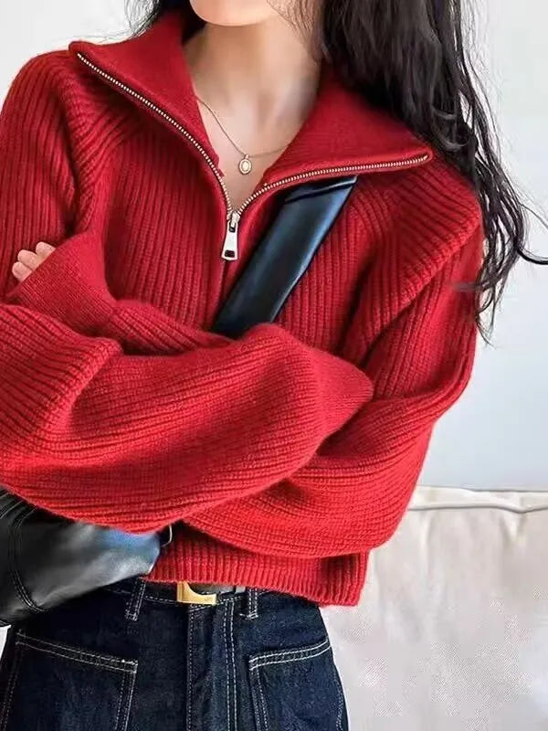 Red Knitted Sweater Women's Short Thickened Half High Collar Zipper Pure Color Loose Fit Autumn New Style High Waist Sweater