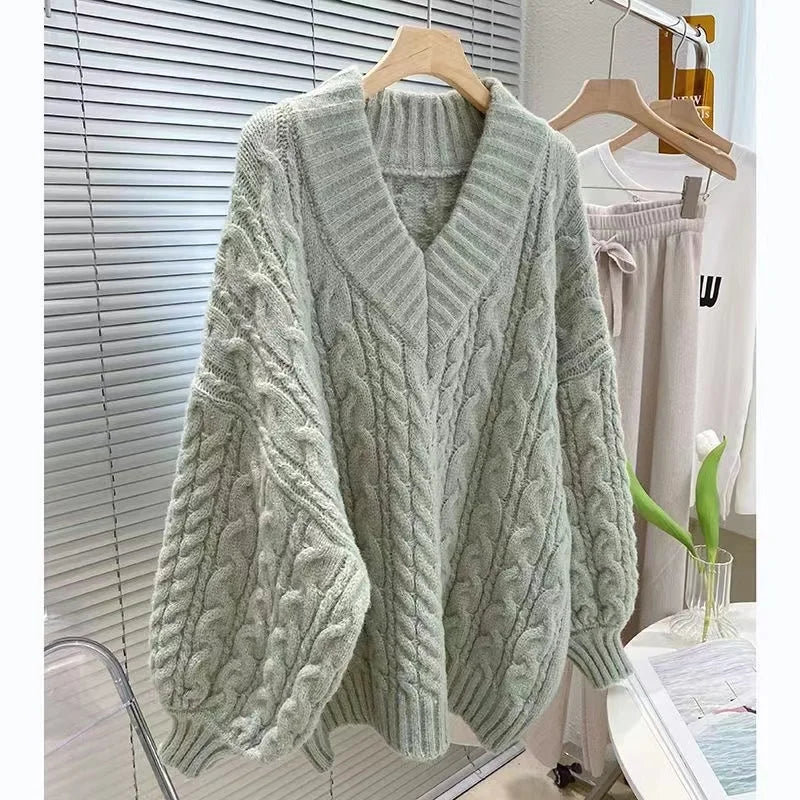 Women's V-Neck Thickened Twisted Sweater Loose Outerwear Lazy Style Design Warm Knitted Top Autumn Winter Fashion Commute Pur...