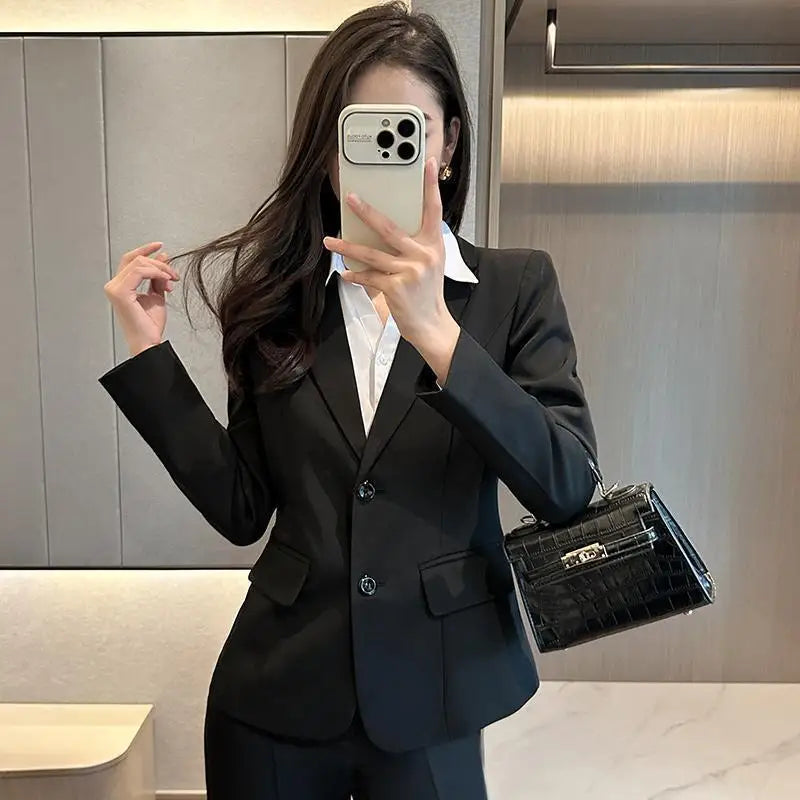 High-End Career Suit Set Women's  Work Interview Outfit Short Style Long Sleeve Black Professional Clothing for Students
