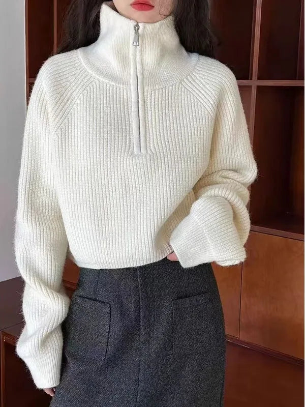 Red Knitted Sweater Women's Short Thickened Half High Collar Zipper Pure Color Loose Fit Autumn New Style High Waist Sweater