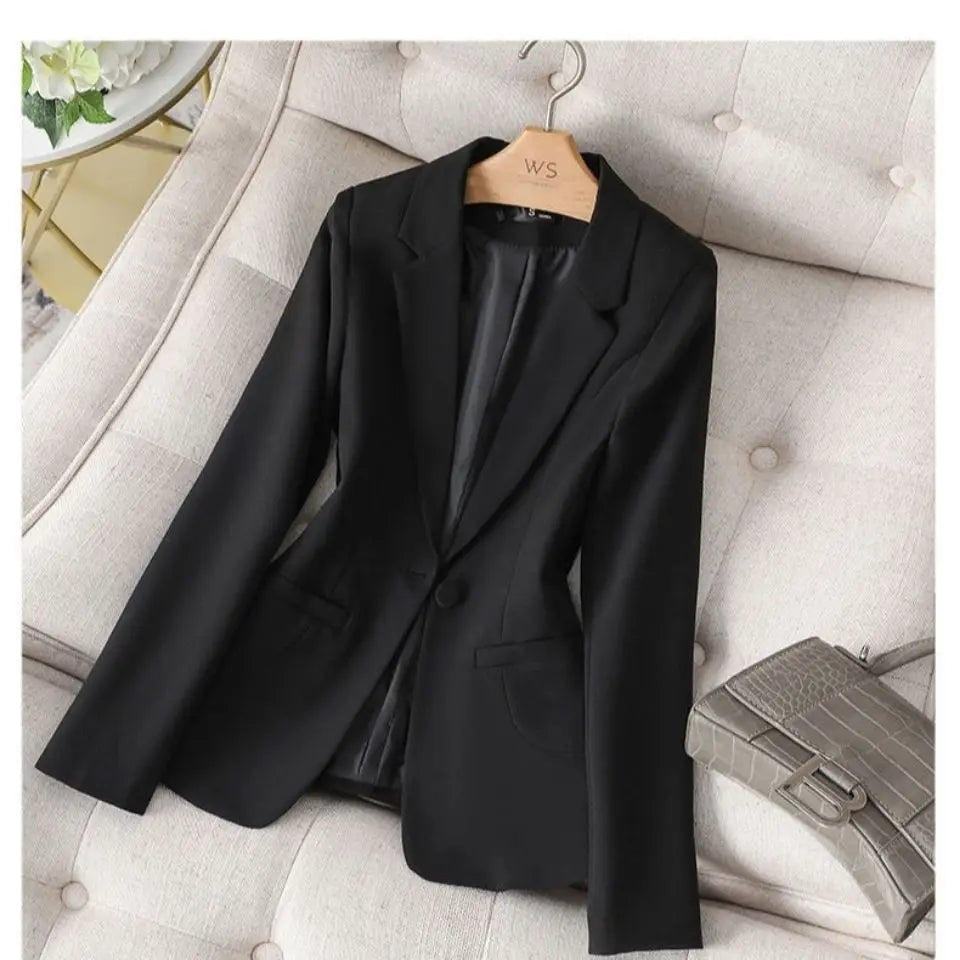 Women's Casual Long Sleeve Short Suit Jacket Korean Style Waist-Cinching Slim Fit Black And White Versatile Business Top
