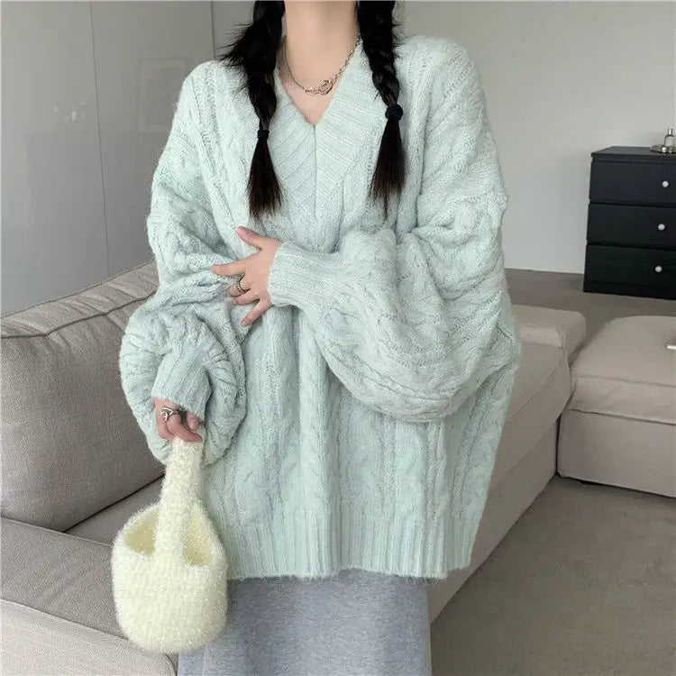 Suéter Trenzado de Cuello V Oversize