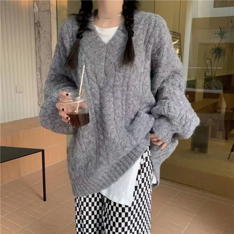 Suéter Trenzado de Cuello V Oversize