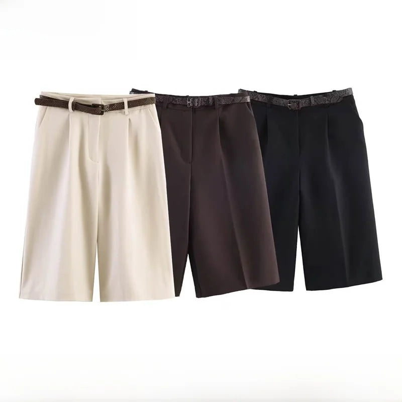 Fashionable Casual High Waist Long Short Pants Women's Spring Summer New Arrival Belt Included Polyester Fiber Straight Leg