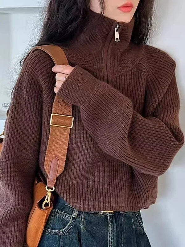 Red Knitted Sweater Women's Short Thickened Half High Collar Zipper Pure Color Loose Fit Autumn New Style High Waist Sweater