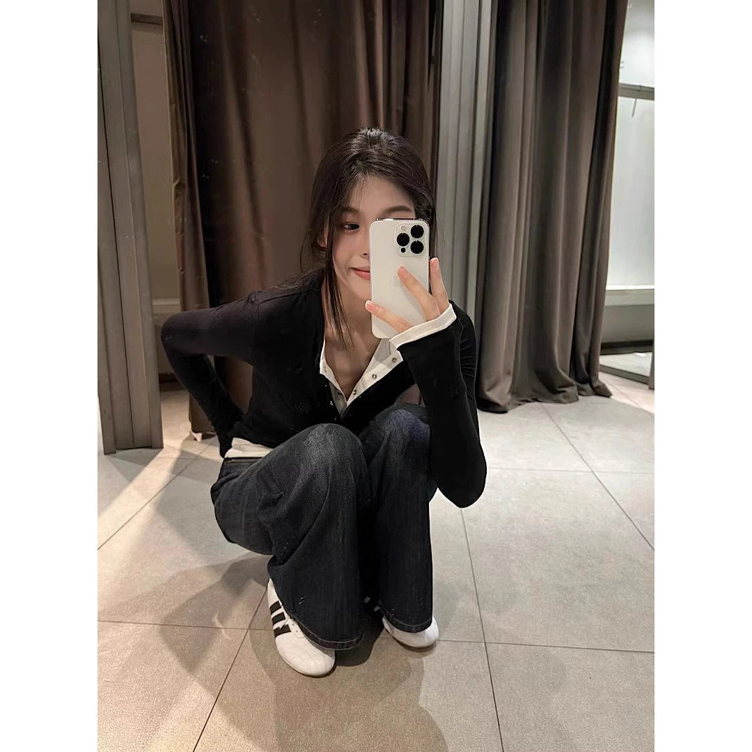 Black Long Sleeve Base Layer Shirt Women's Spring Autumn Slimming Design Unique Top Faux Two-Piece T-Shirt Cotton Polyester