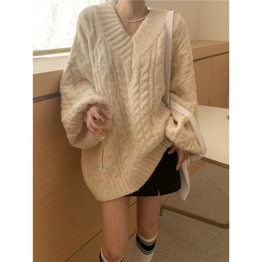 Women's V-Neck Thickened Twisted Sweater Loose Outerwear Lazy Style Design Warm Knitted Top Autumn Winter Fashion Commute Pur...